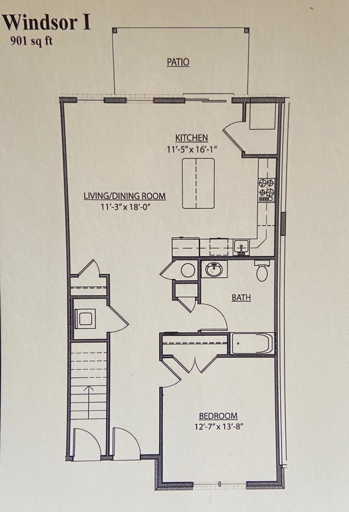Floor plan for 1 bed, 1 bath, 901 sqft